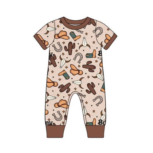 preorder SR0946 Western Hat Cactus Cow Brown Short Sleeve Boys Romper