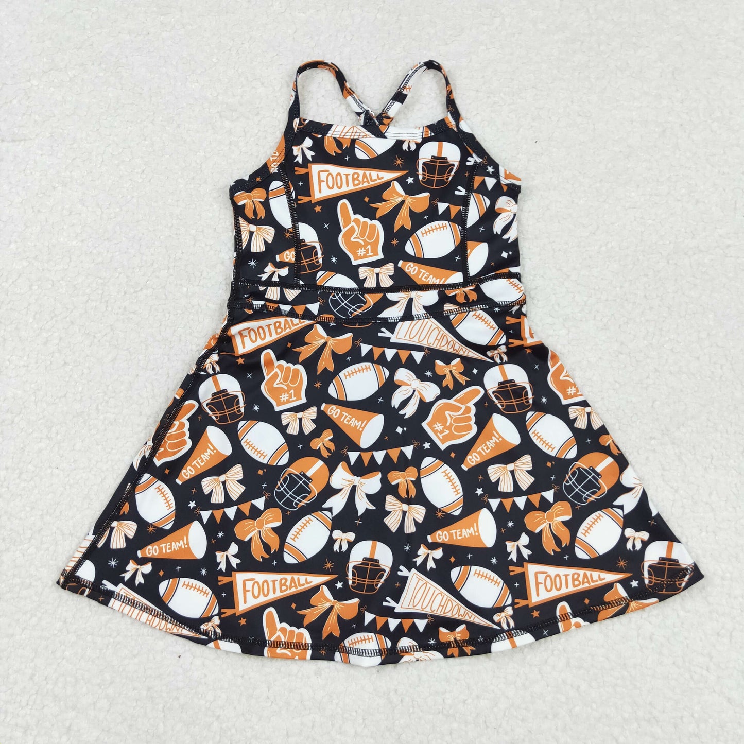 GSD2777 yoga football item cheer bows orange black skort girls dress