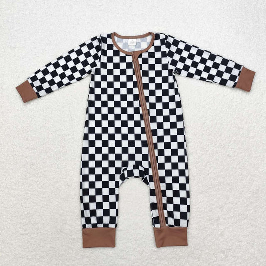 LR1436 black checekred long sleeve boys zipper romper
