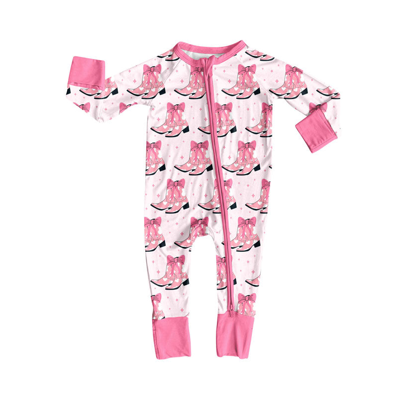 custom moq 5 Western boots bows hot pink zipper long sleeve girls romper