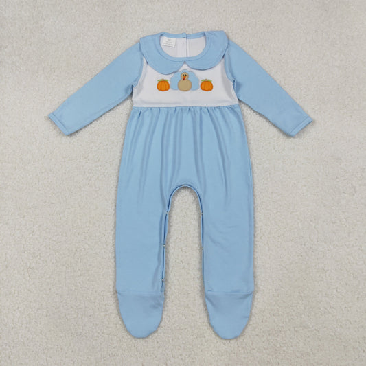embroidery LR2562 Thanksgiving turkey pumpkin blue long sleeve girls romper