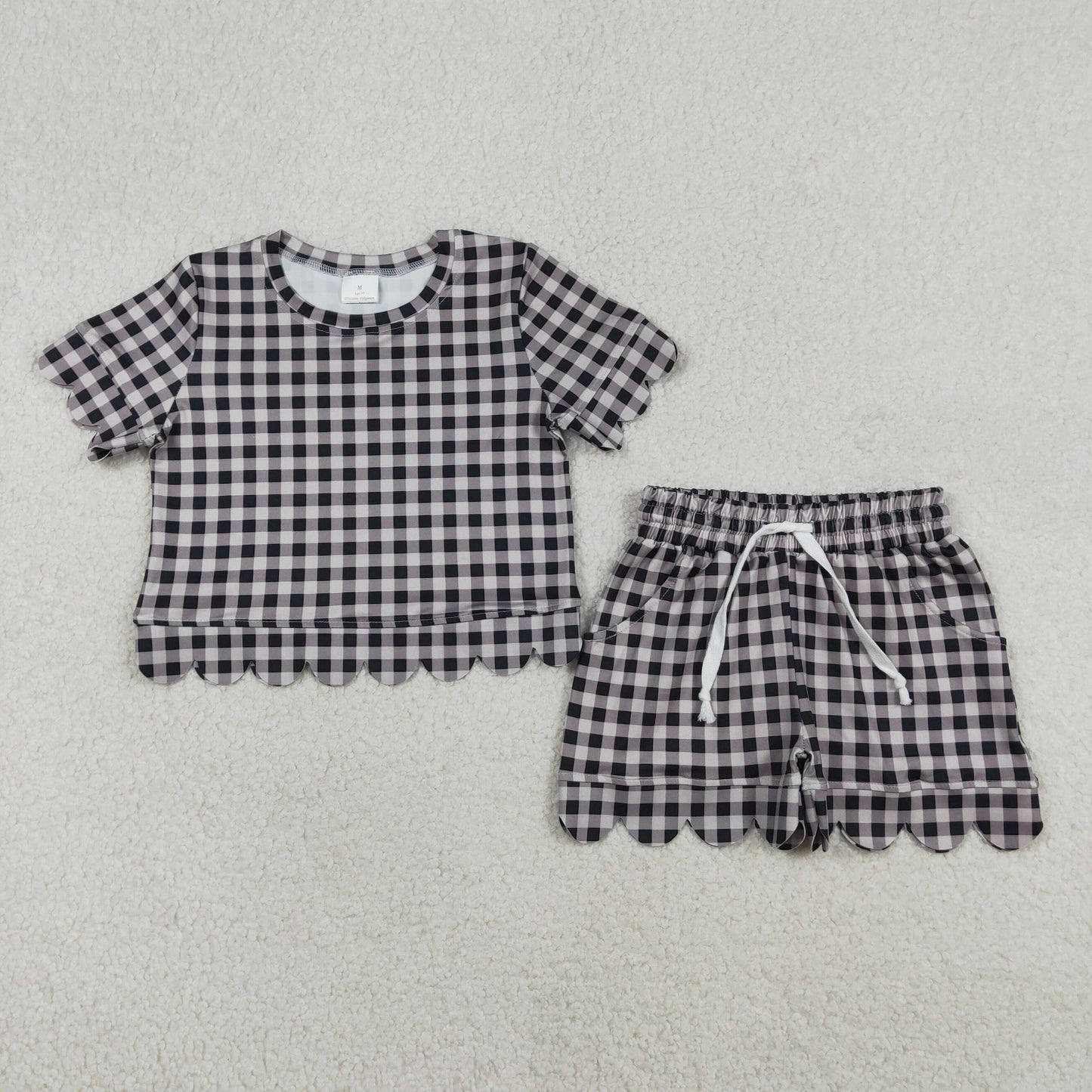 GSSO3182 Scallop Black Checkered Short Sleeve Shorts Girls Set