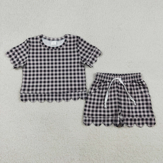 GSSO3182 Scallop Black Checkered Short Sleeve Shorts Girls Set