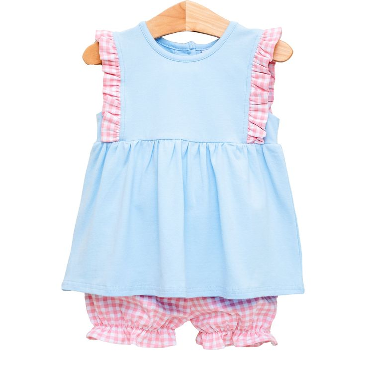 preorder blue ruffles sleeveless pink checkered shorts girls set