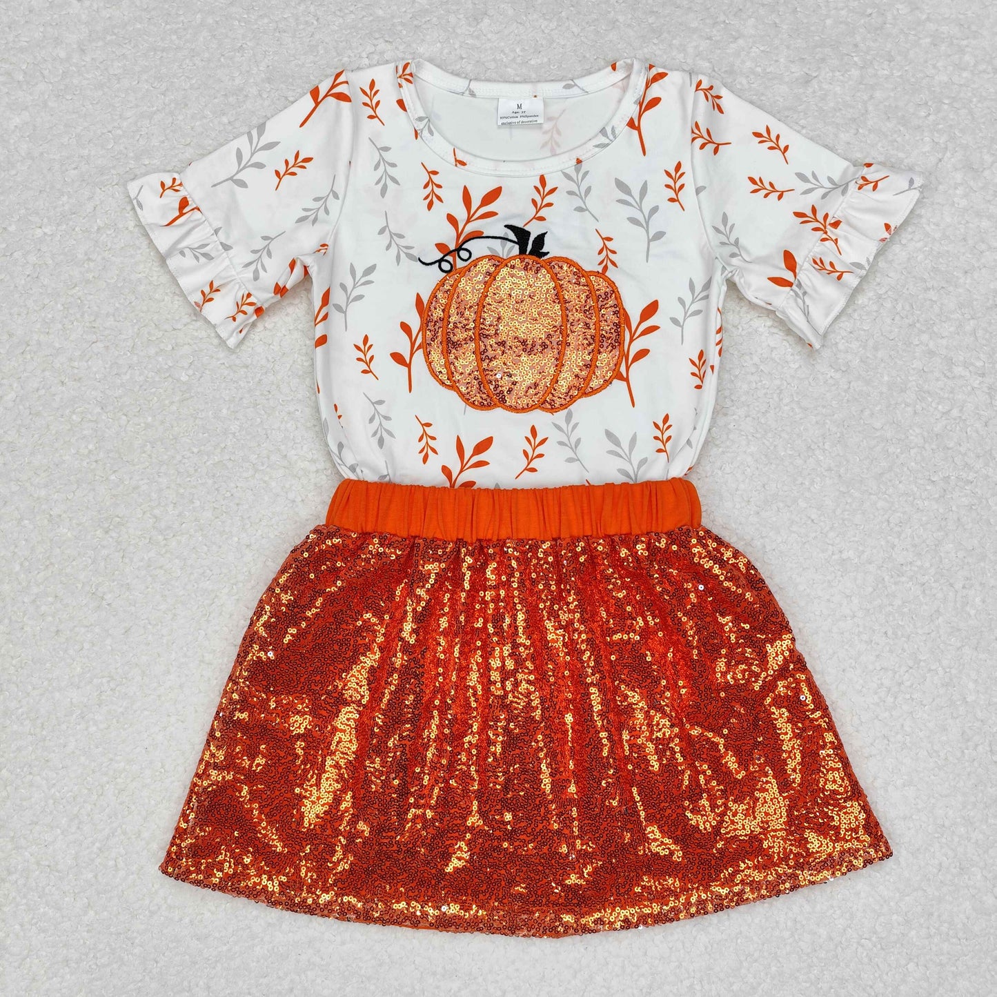 embroidery GSD1437 Autumn fall pumpkin short sleeve orange sequin skirt girls set