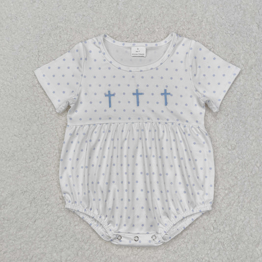 embroidery SR2147 Easter cross blue dot short sleeve girls romper