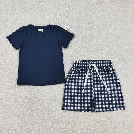 BSSO1882 Navy Blue Short Sleeve Navy Blue Checkered Shorts Boys Set