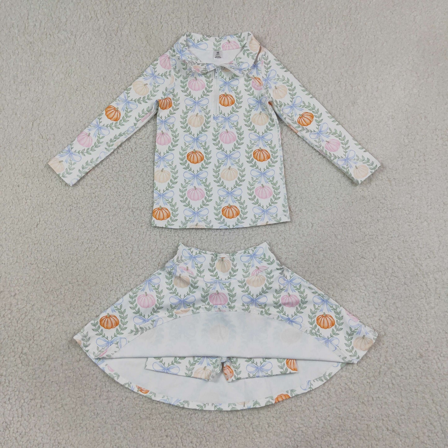 GLD1635 Yoga Colorful Pumpkin Bows Zipper Long Sleeve Skorts Girls Set