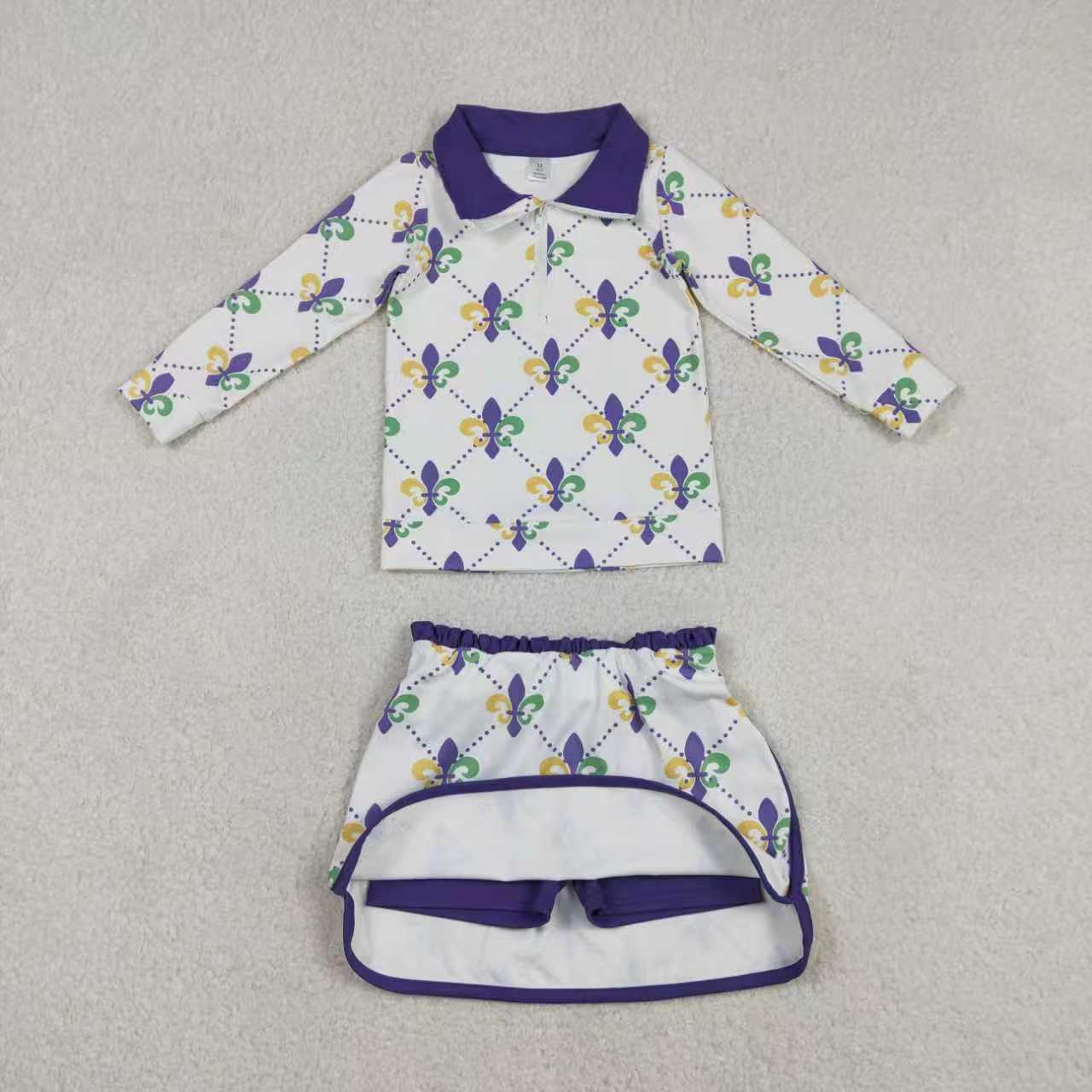 Yoga Mardi Gras Zipper Long Sleeve Skorts Girls Set Sibling Clothes