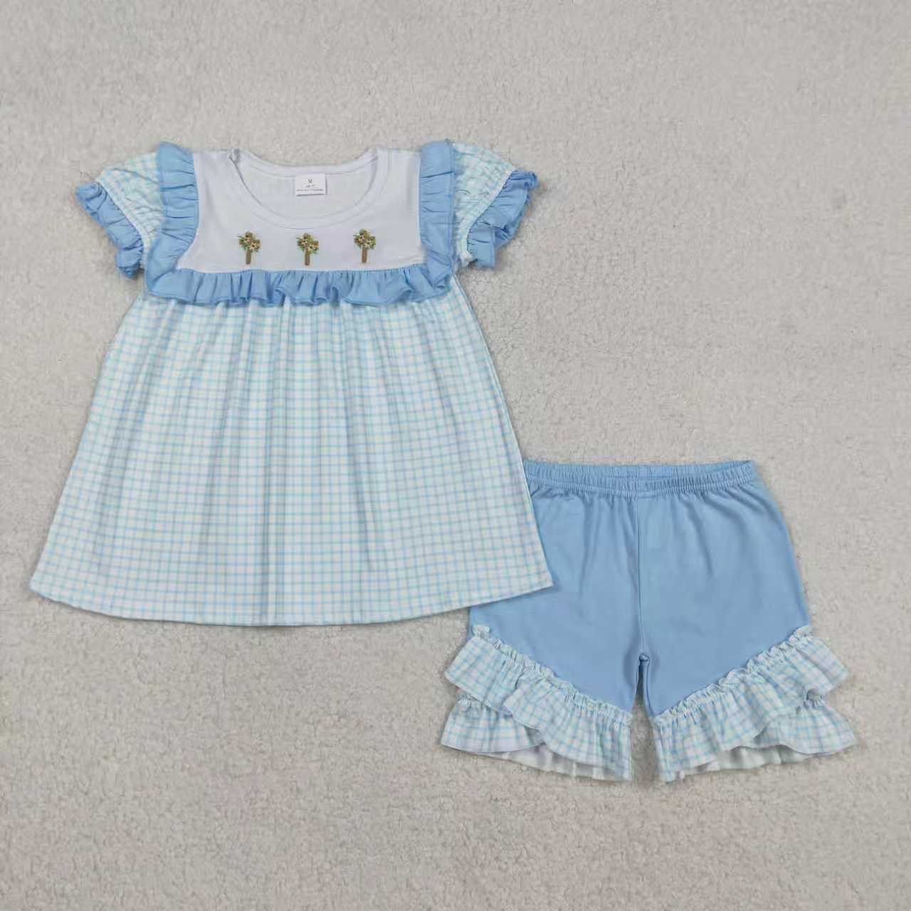 Easter Cross Blue Checkered Set/Dress Sibling Clothes RTS