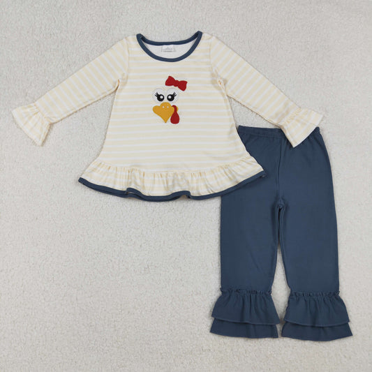 embroidery GLP2588 Thanksgiving turkey striped long sleeve navy blue pants girls set