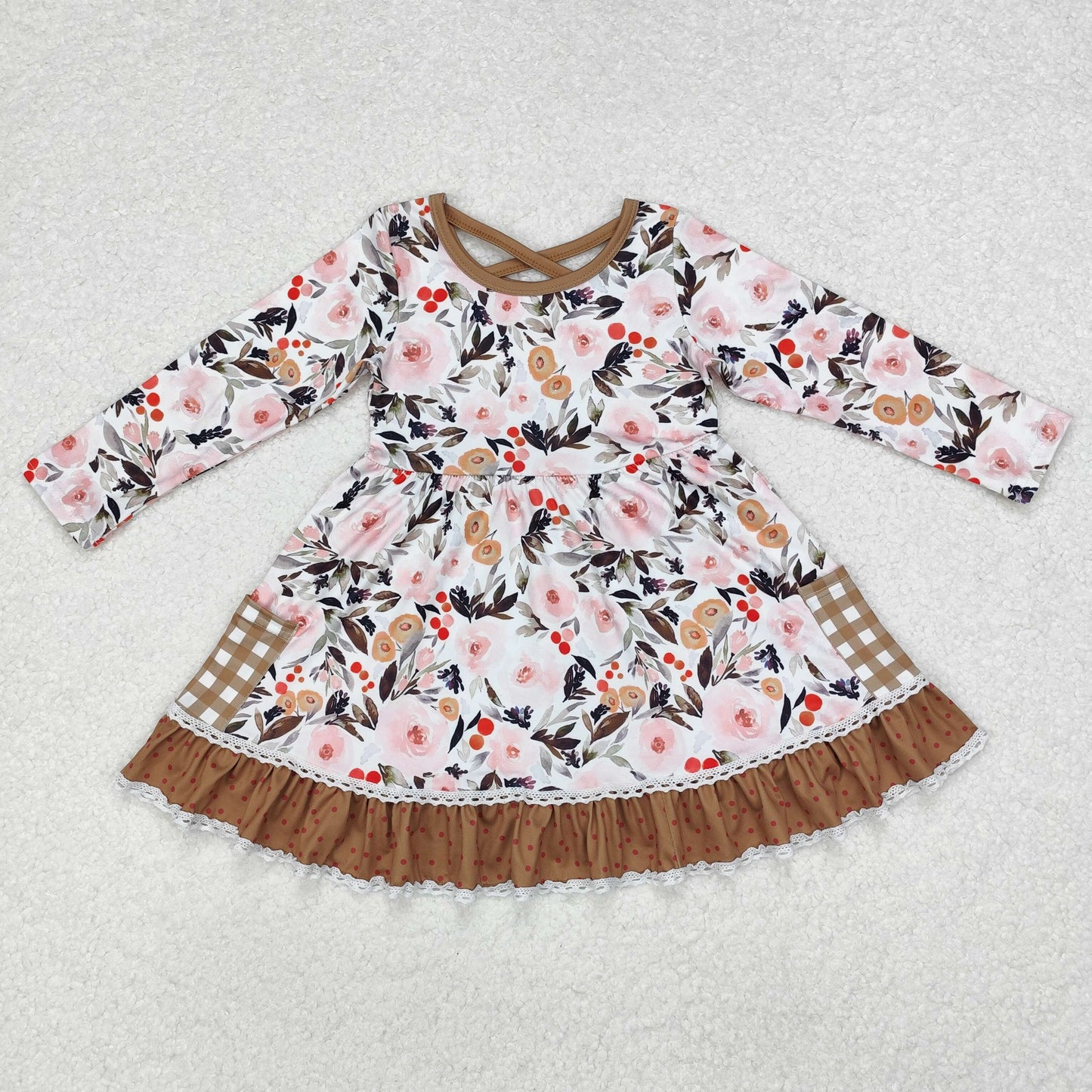 GLD0530 pink flowers khaki pockets long sleeve girls dress