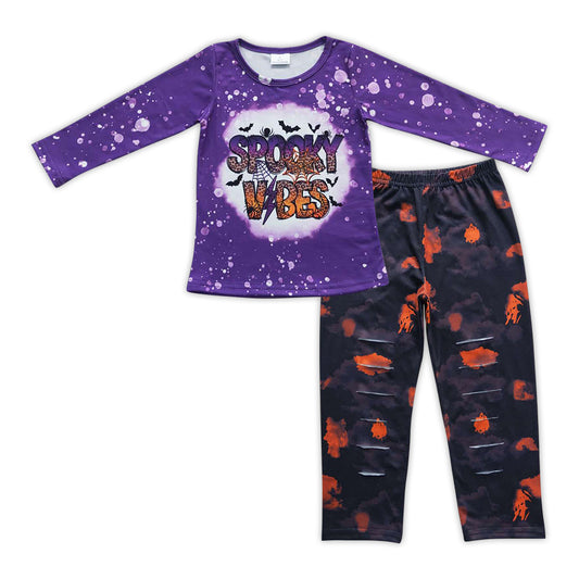 GLP0787 Halloween spooky purple long sleeve ripped black pants girls set