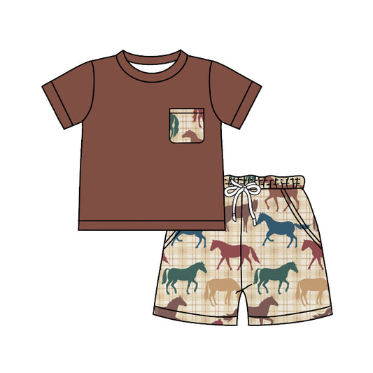 preorder BSSO0445 Western Brown Pocket Short Sleeve Horse Shorts Girls Set