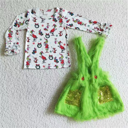 6 C11-39 Christmas green face cartoon long sleeve green fur dress girls set