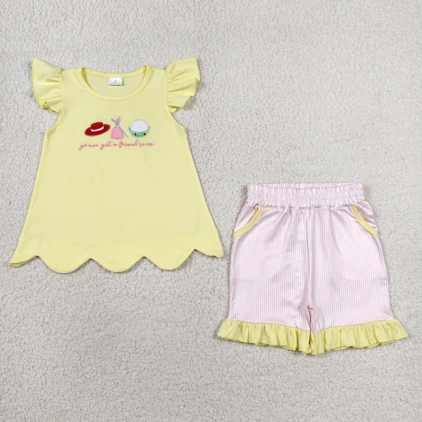 Embroidery GSSO3495 Cartoon Toy Princess Yellow Flutter Sleeve Pink Shorts Girls Set
