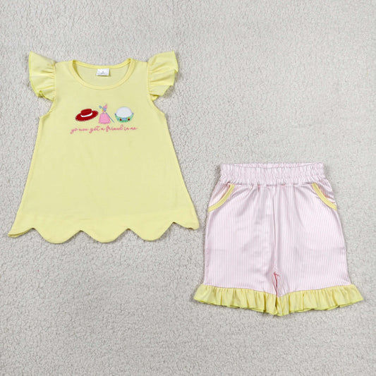 Embroidery GSSO3495 Cartoon Toy Princess Yellow Flutter Sleeve Pink Shorts Girls Set