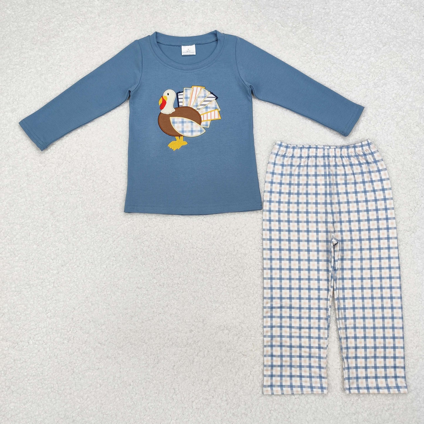 embroidery BLP0742 Thanksgiving turkey navy blue long sleeve blue checkered pants boys set