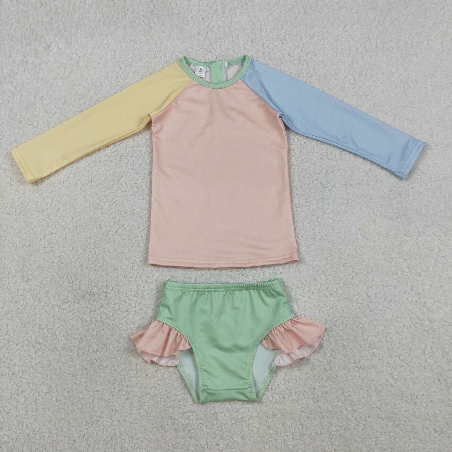 S0637 Yellow Pink Blue Mint Green Long Sleeve Shorts Girls Swimsuits