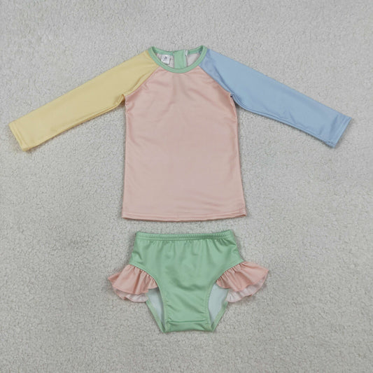 S0637 Yellow Pink Blue Mint Green Long Sleeve Shorts Girls Swimsuits