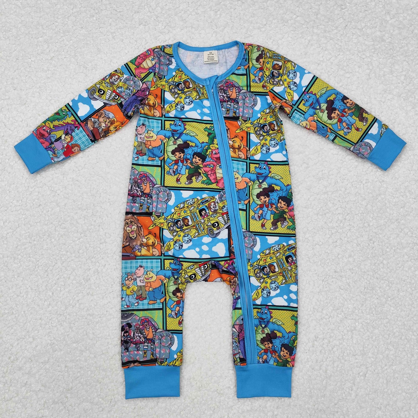 bamboo LR2040 cartoon dinosaur animals blue zipper long sleeve boys romper