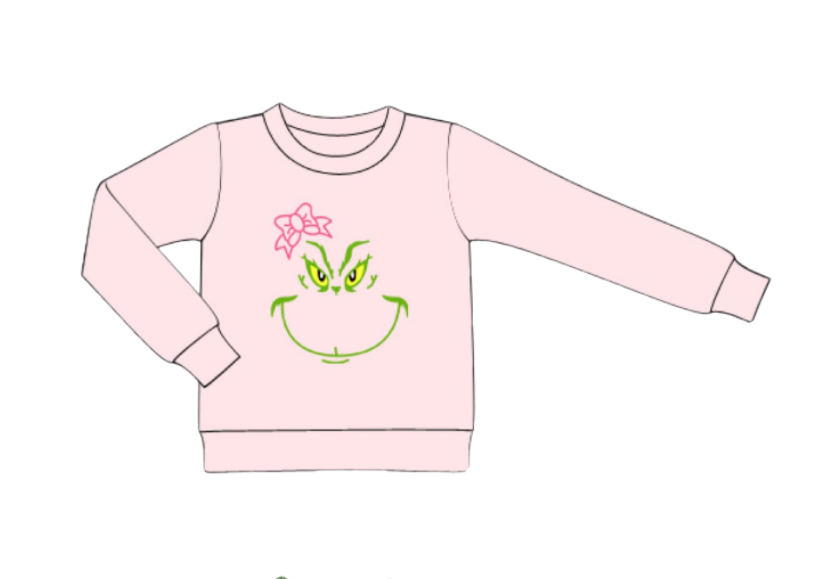 preorder Christmas green face pink long sleeve girls top pullover