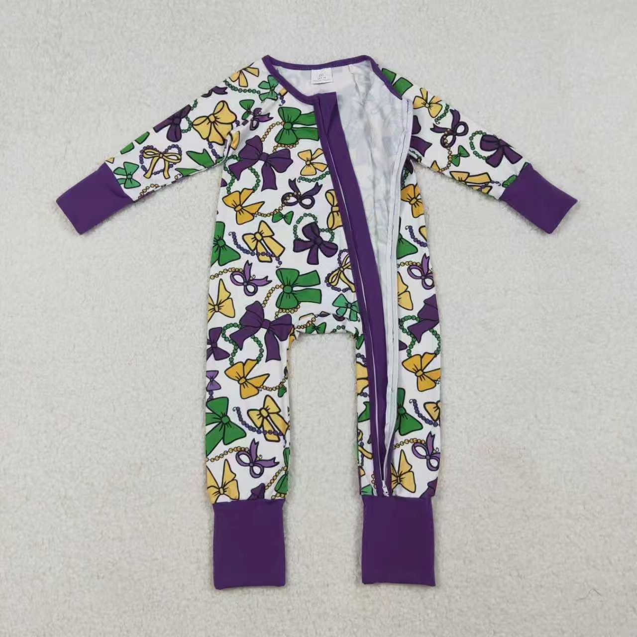 Mardi Gras green yellow purple bows romper/dress/pajamas RTS sibling clothes