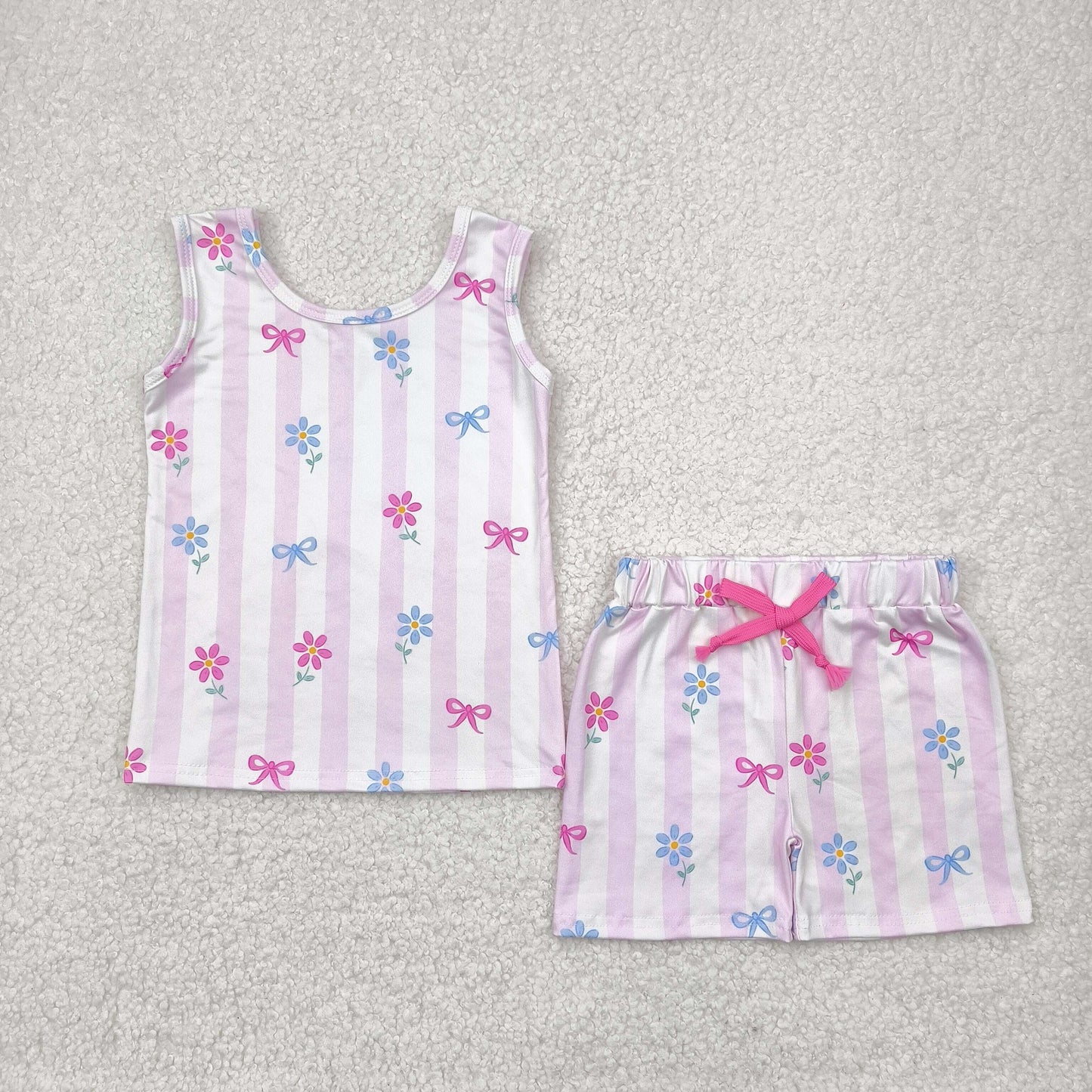 GSSO2476 colorful bows pink striped sleeveless shorts girls set