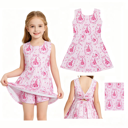 GSD3815 Yoga Pink Castle Bows Sleeveless Skorts Girls Dress