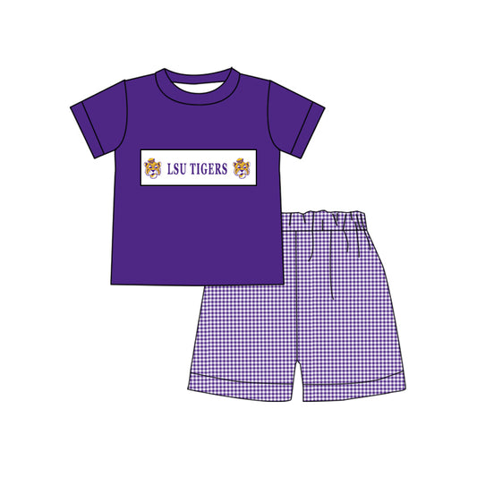 custom style football team tiger purple short sleeve purple checkered shorts boys set