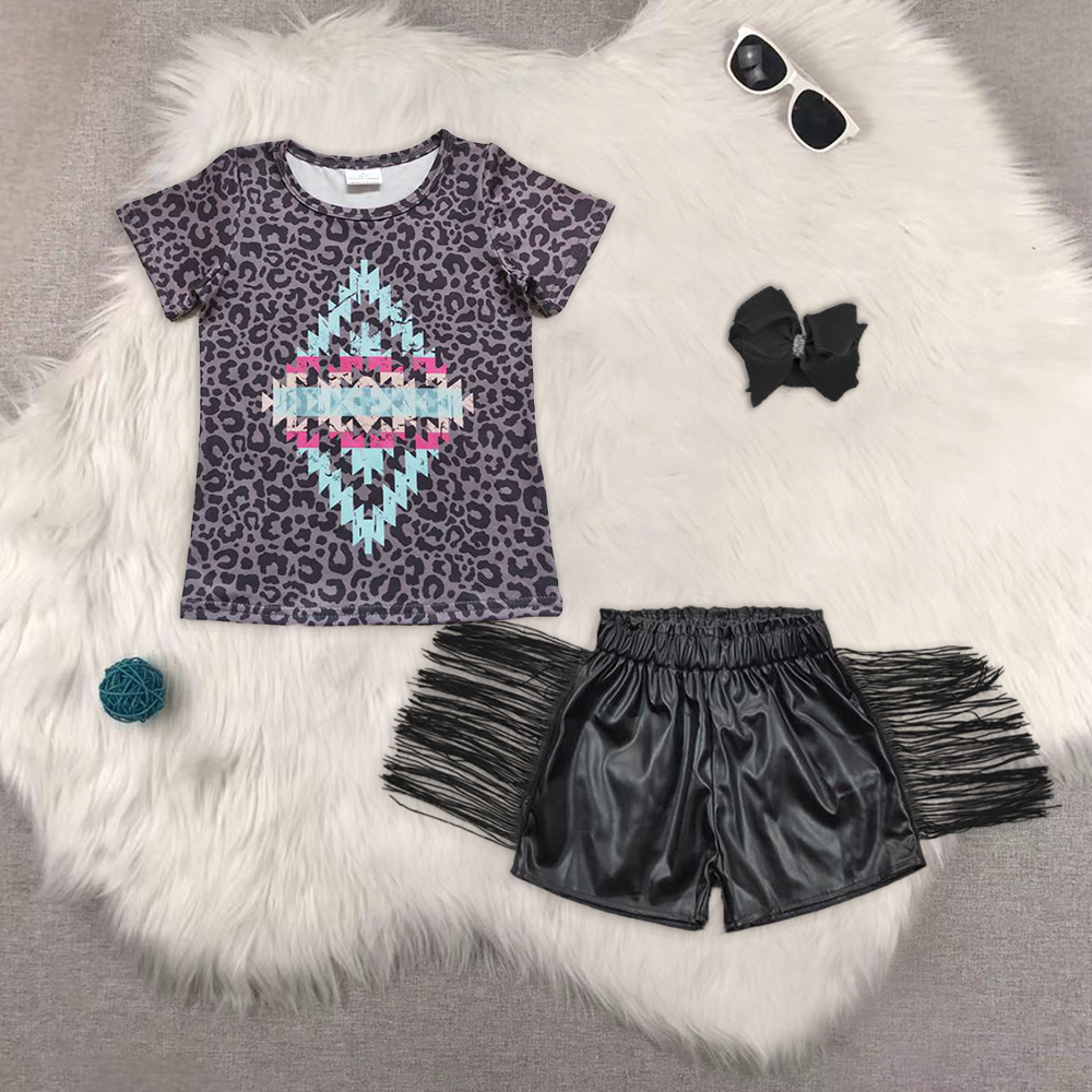 Western aztec leopard short sleeve black tassels leather shorts girls set