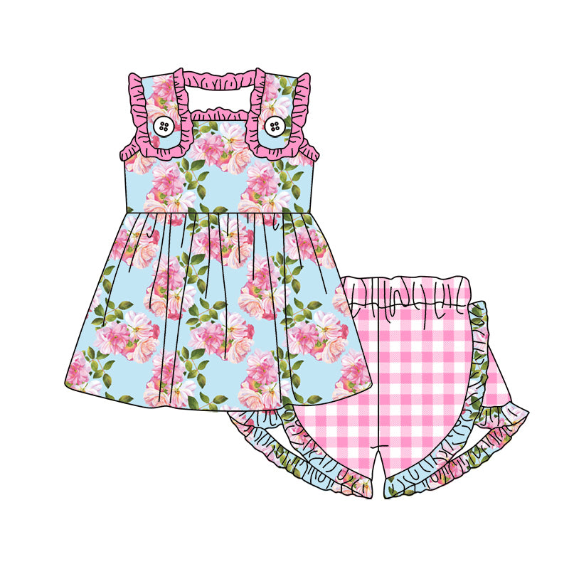 Preorder GSSO1498 watercolor flowers blue sleeveless pink checkered ruffles shorts girls set