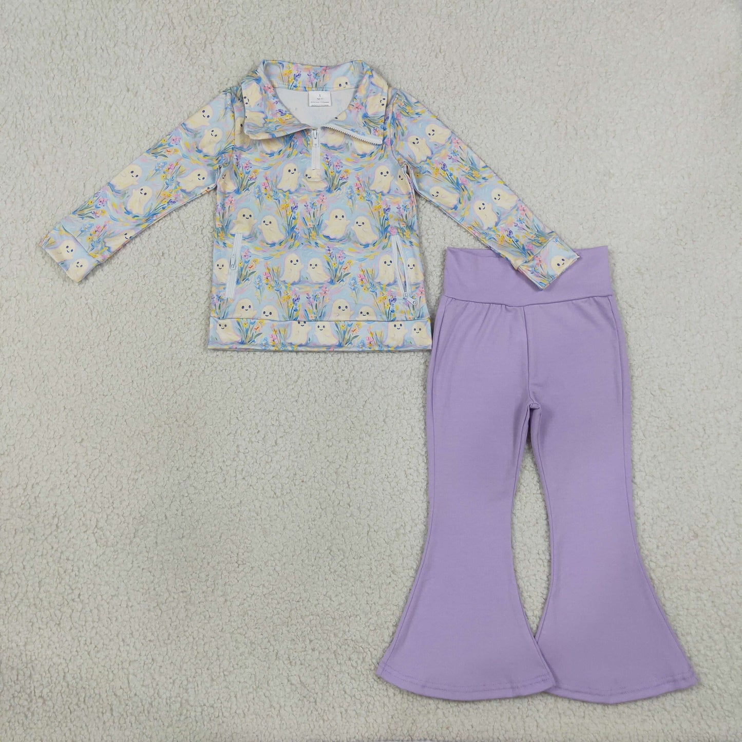 GLP3506 Halloween Spooky Zipper Long Sleeve Purple Pants Girls Set