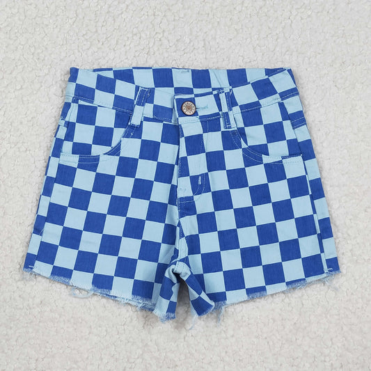 SS0763 Blue Checkered Denim Shorts Girls Jeans