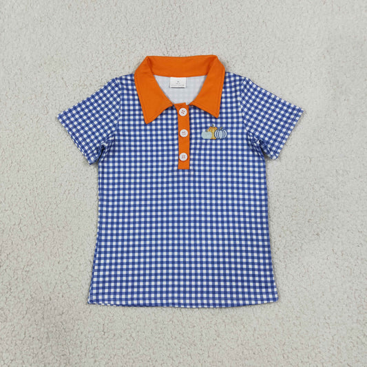 Embroidery BT1892 Pumpkin Navy Blue Checkered Short Sleeve Boys Top