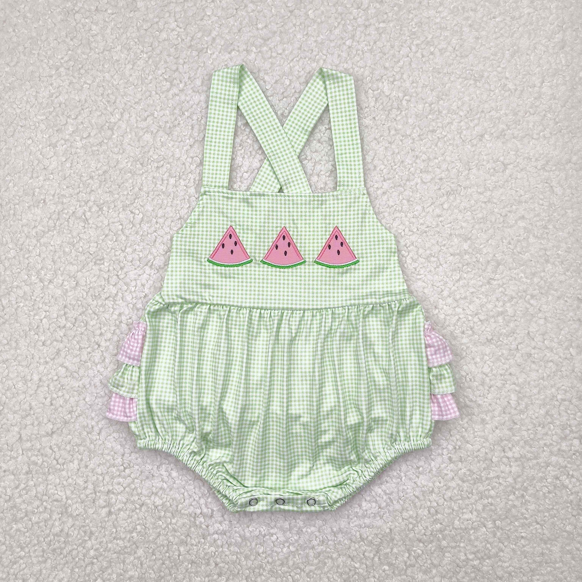 SR2764 embroidery watermelon pink ruffles green girls romper