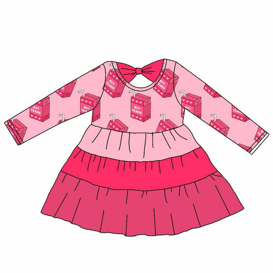 custom Valetine's Day milk heart pink long sleeve bow girls dress