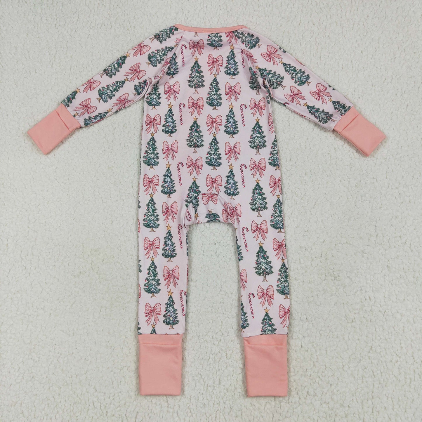 Custom moq 20 bamboo Christmas tree pink bows zipper long sleeve girls romper