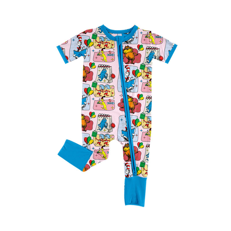 MOQ 3 Custom Cartoon Dr Animals Blue Short Sleeve Zipper Girls Romper