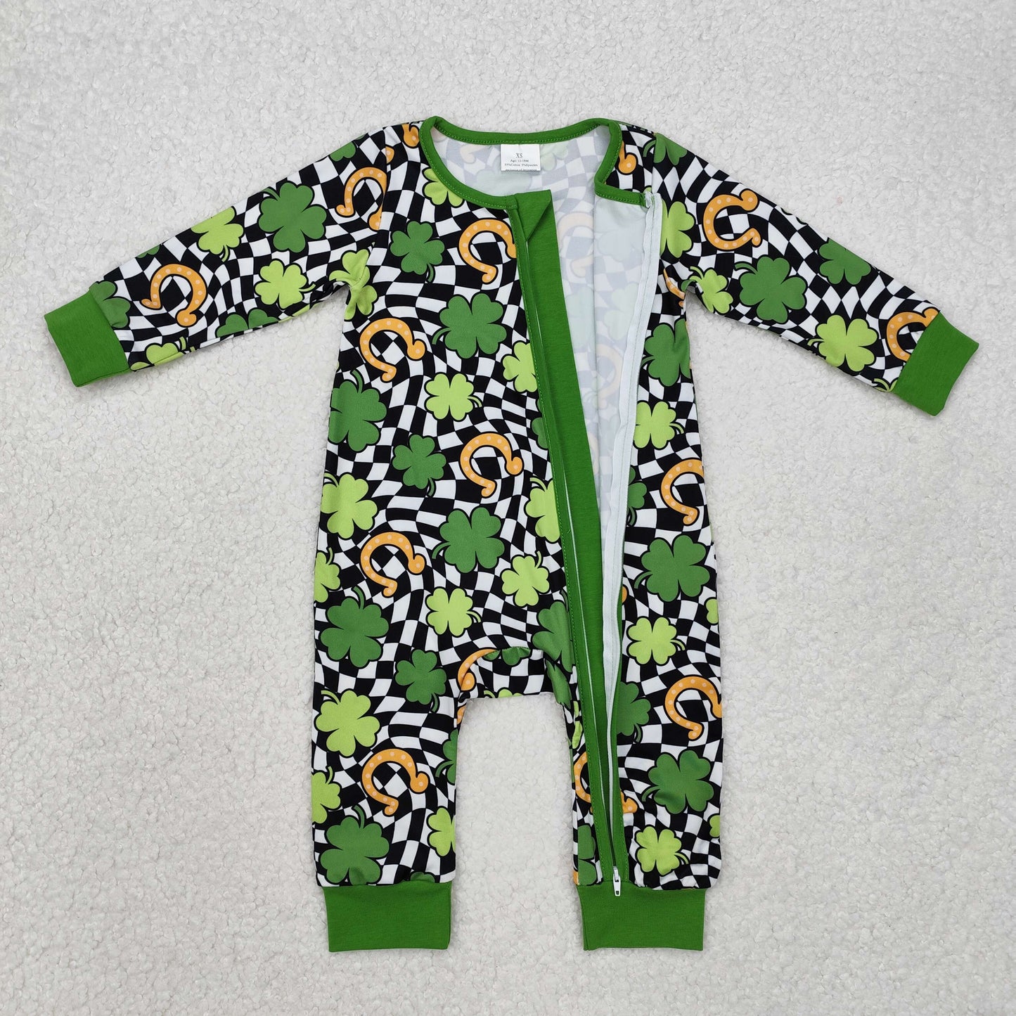 LR2090 St Patrick green clover black checkered long sleeve zipper boys romper