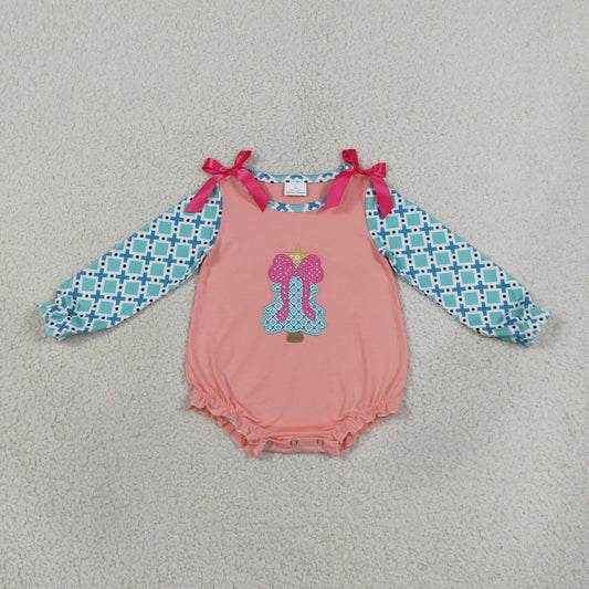Embroidery LR3164 Christmas Tree Bow Long Sleeve Girls Romper