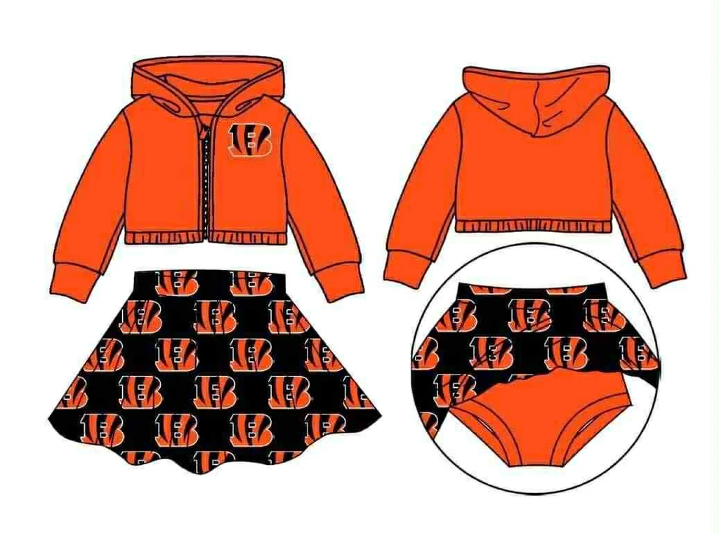 custom moq 3 football item B orange zipper long sleeve coat black skorts skirt girls set