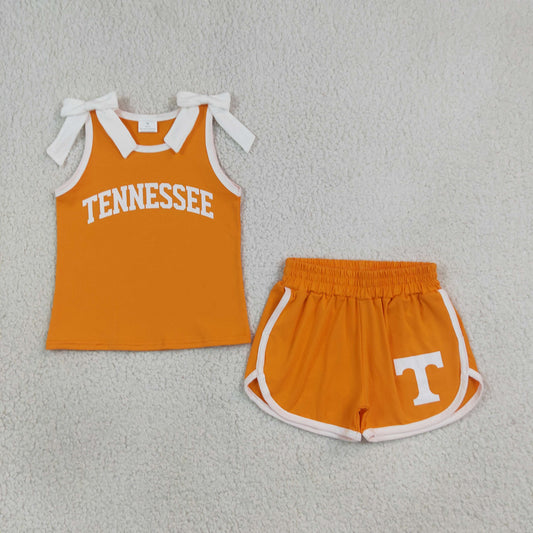 GSSO3829 Offset Printing TENNESSEE Orange & White Bows Sleeveless Shorts Girls Set