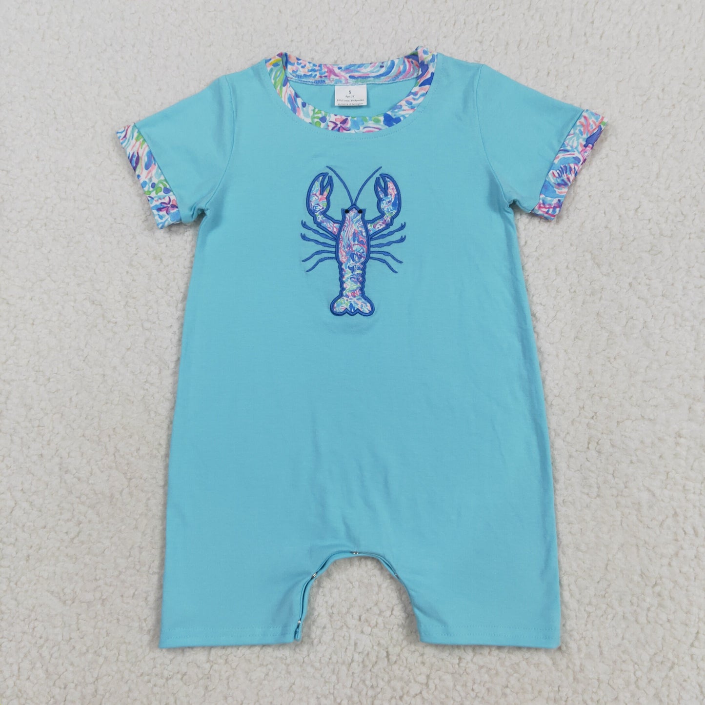 SR3044 embroidery crayfish blue short sleeve boys romper