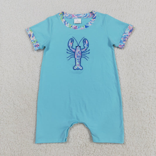 SR3044 embroidery crayfish blue short sleeve boys romper