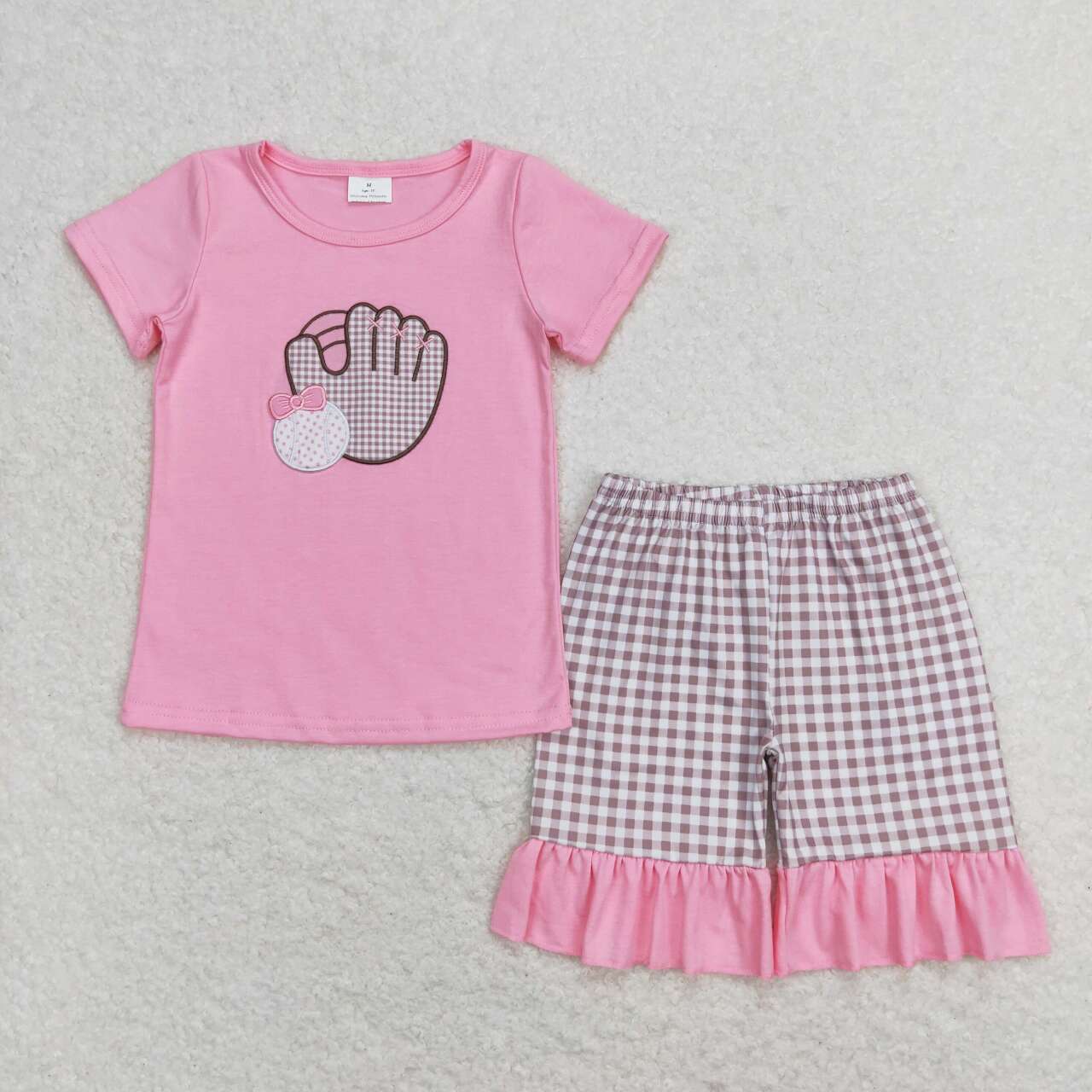 GSSO0828 embroidery baseball glove hot pink short sleeve khaki checkered shorts girls set