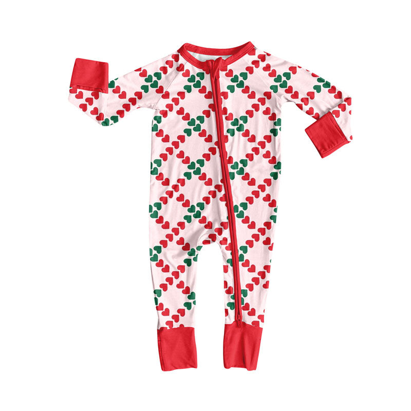 custom moq 5 Valentine's Day green red heart zipper long sleeve girls romper
