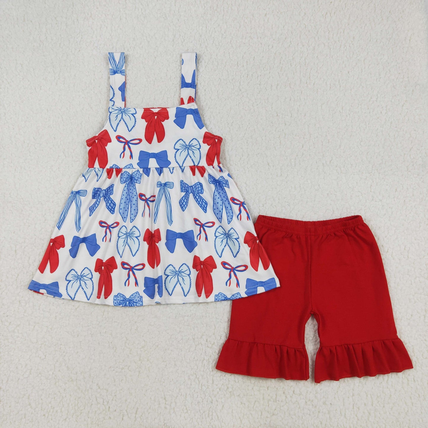 GSSO1952 July 4th Red Blue Bows Sleeveless With Bow Red Shorts Girls Set