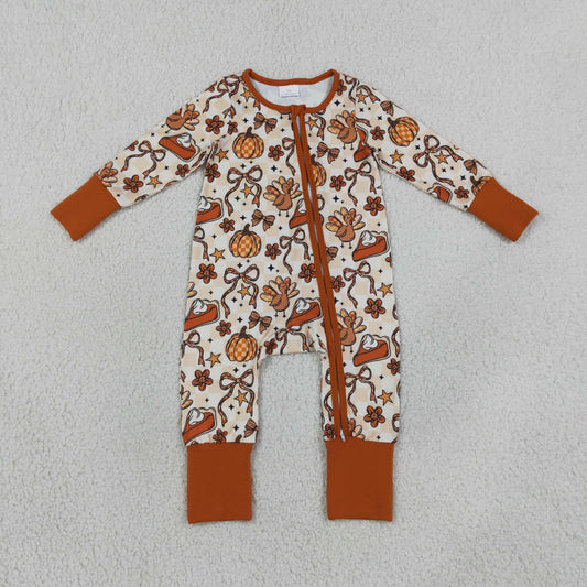 LR3119 Thanksgiving Turkey Pie Orange Zipper Long Sleeve Boys Romper