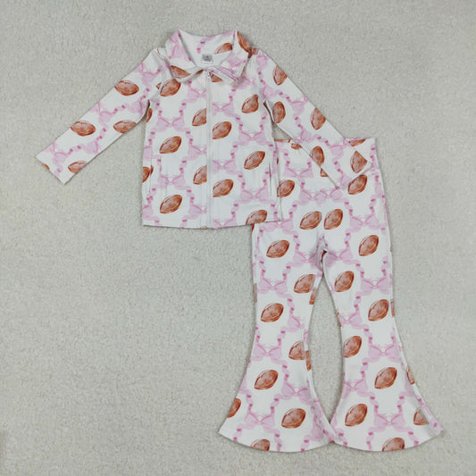 GLP2499 yoga football pink bows zipper long sleeve coat pants girls set